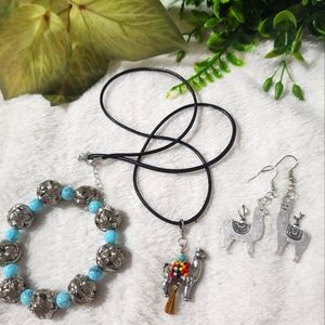 Handmade Alpaca charms earrings, Alpaca charm necklace, and beaded bracelet